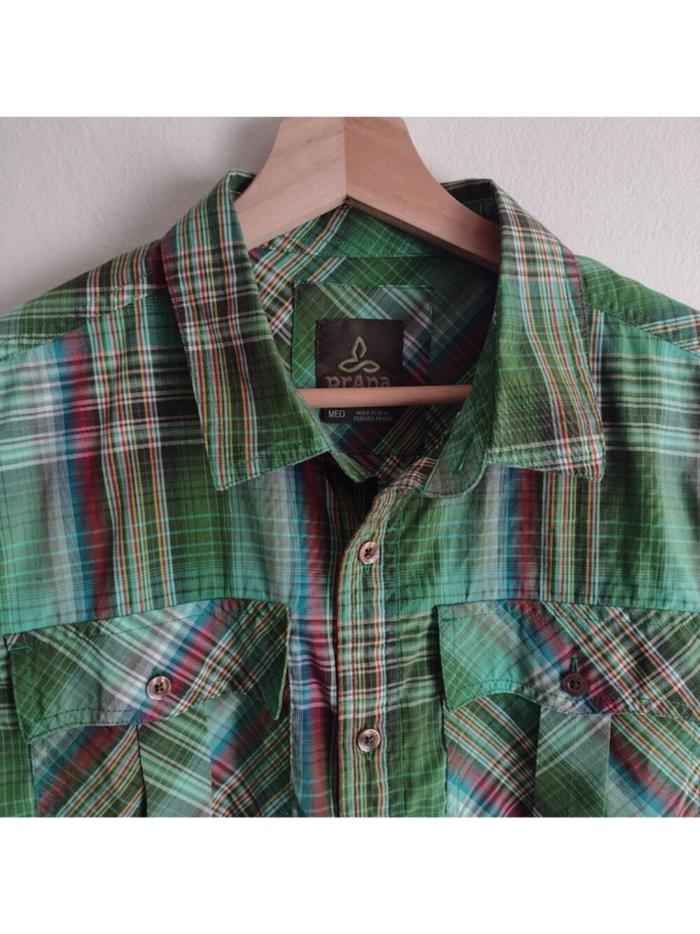 Prana Mens Green Plaid Shirt M Athletic Fit Organic Cotton Blend Duo Pocket - Picture 3 of 10